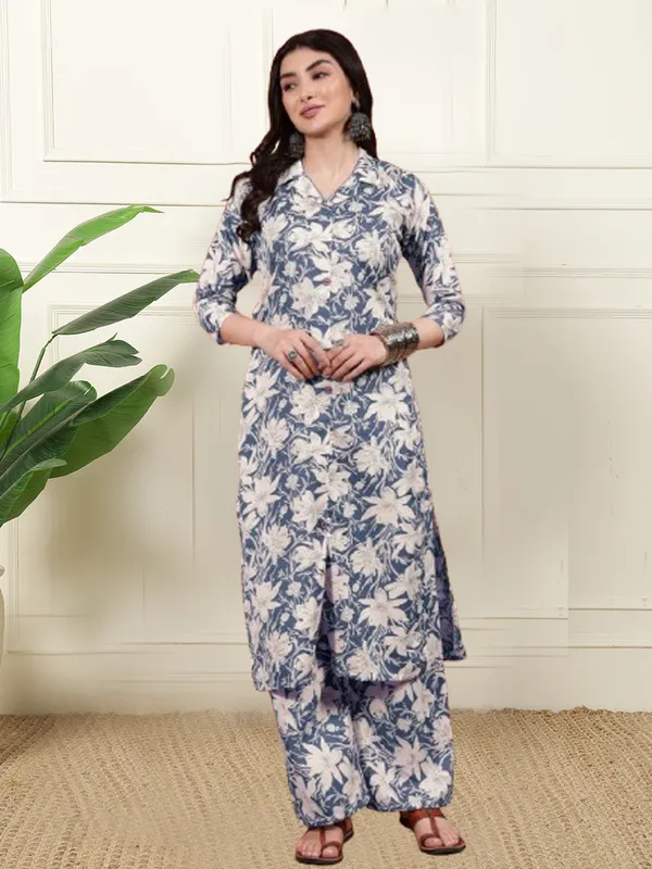 Blue_Cotton_Floral_Print_Straight_Kurta_Pant_Set_For_Women
