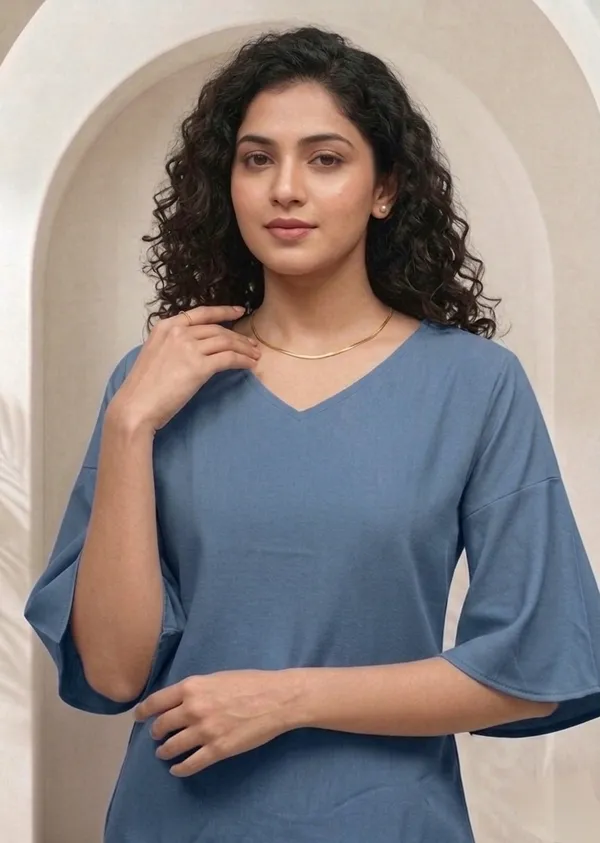 Blue_Vatican_Silk_Relaxed_Round_Neck_Three_Quarter_Sleeve_Top_For_Women