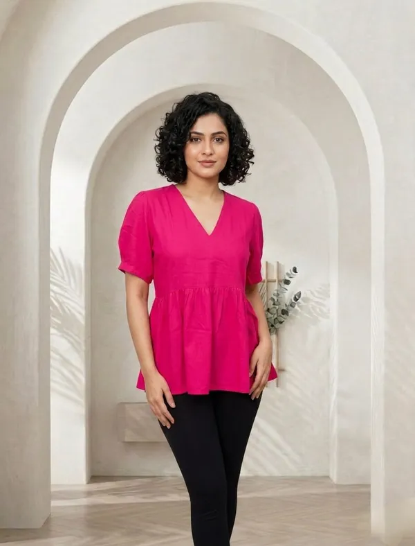Red_Poly_Georgette_Gathered_V_Neck_Top_For_Women