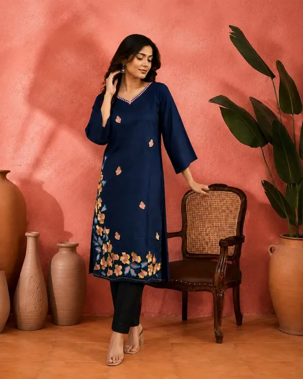 Navy_Blue_Vatican_Silk_Straight_Floral_Embroidered_Kurti_For_Women