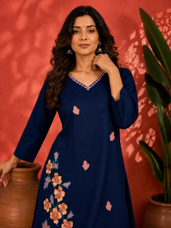 Navy_Blue_Vatican_Silk_Straight_Floral_Embroidered_Kurti_For_Women