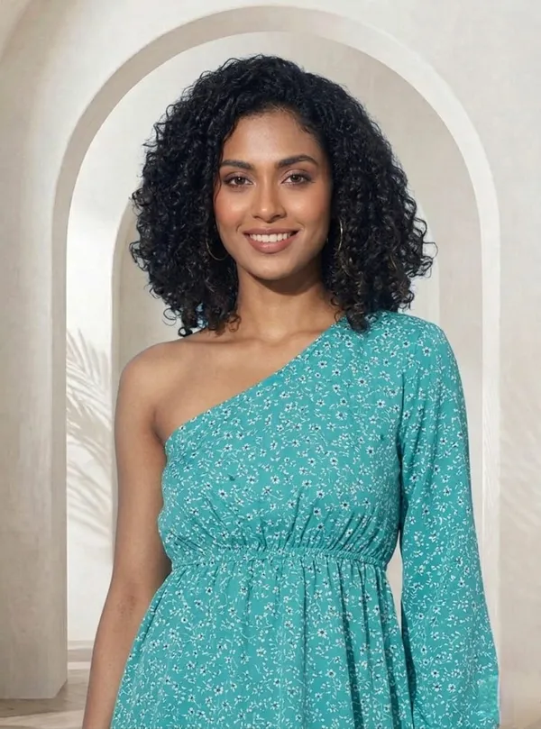 Green_Crepe_Floral_One_Shoulder_Dress_For_Women