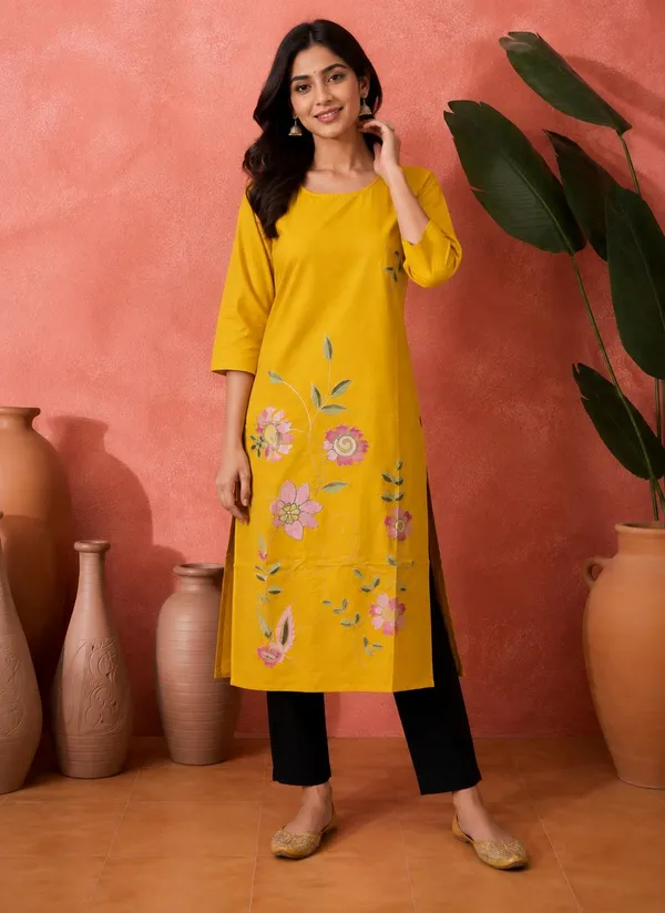 Yellow_Crepe_Floral_Print_Straight_Kurti_For_Women