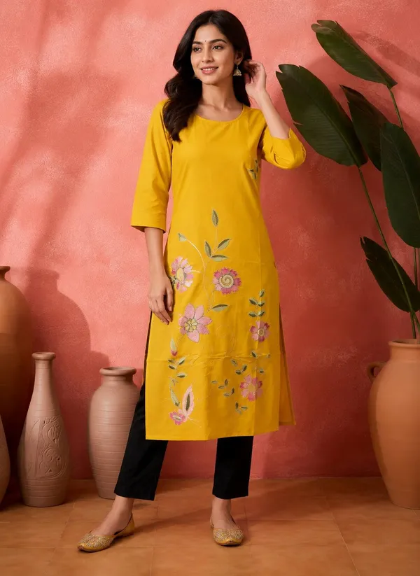 Yellow_Crepe_Floral_Print_Straight_Kurti_For_Women