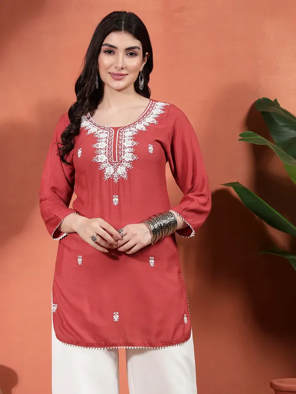 Rust_Crepe_Embroidered_Short_Kurti_For_Women