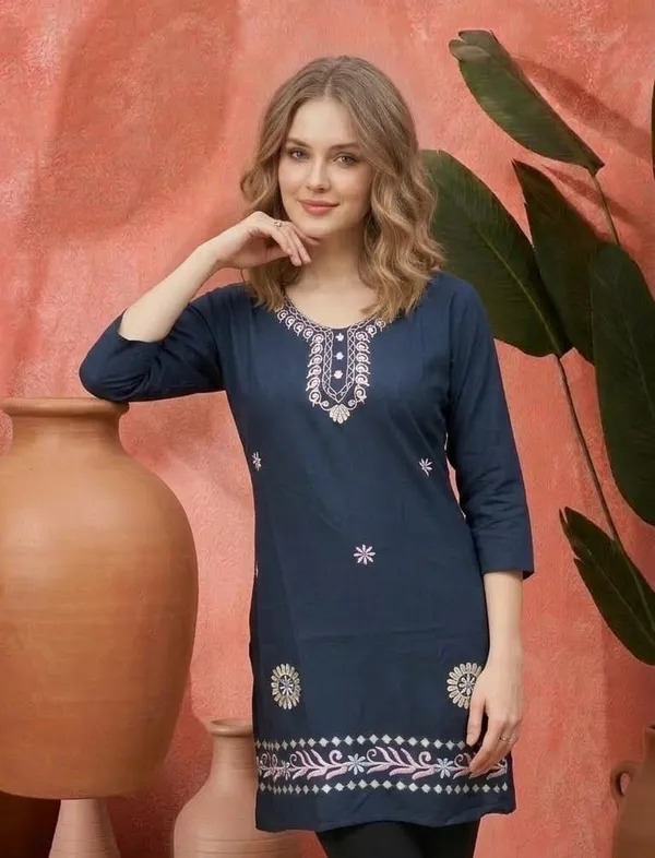 Navy_Blue_Silk_Blend_Straight_Kurti_For_Women