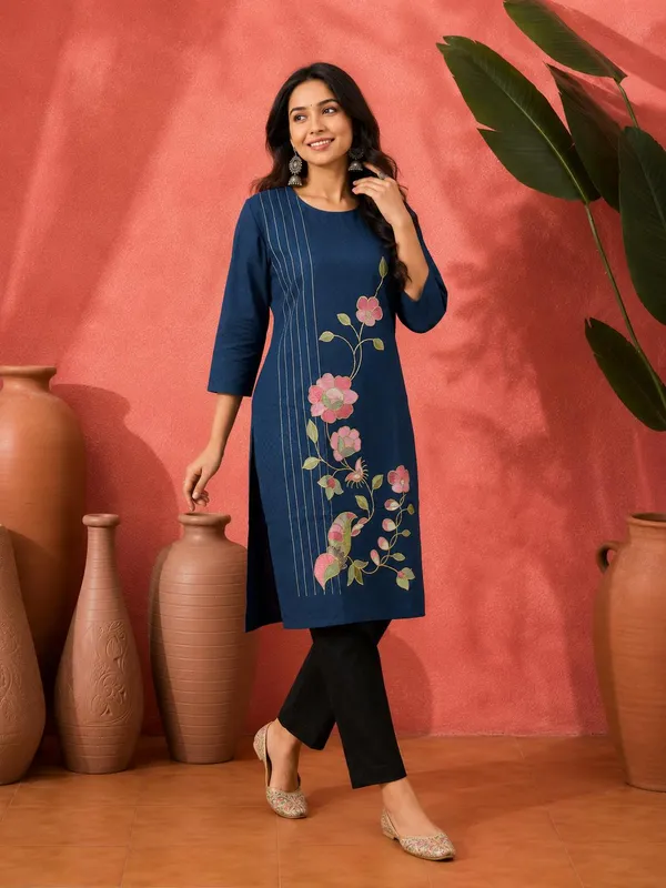 Navy_Blue_Crepe_Straight_Embroidered_Kurta_For_Women