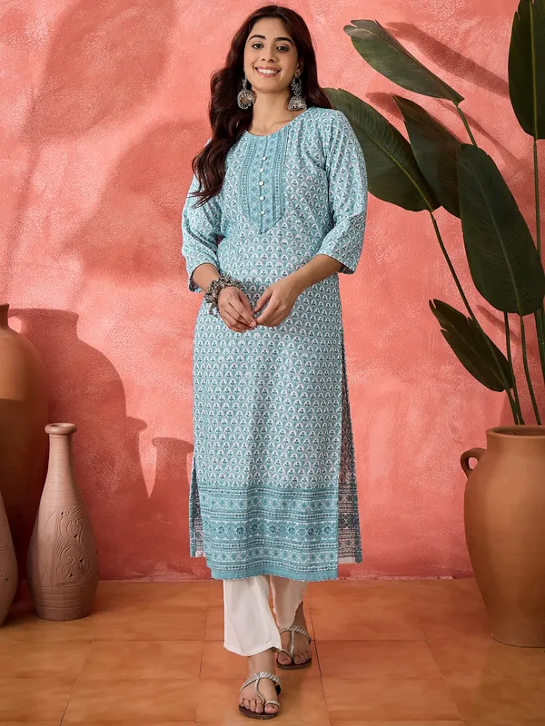 Blue_Chanderi_Silk_Printed_Straight_Kurta_For_Women