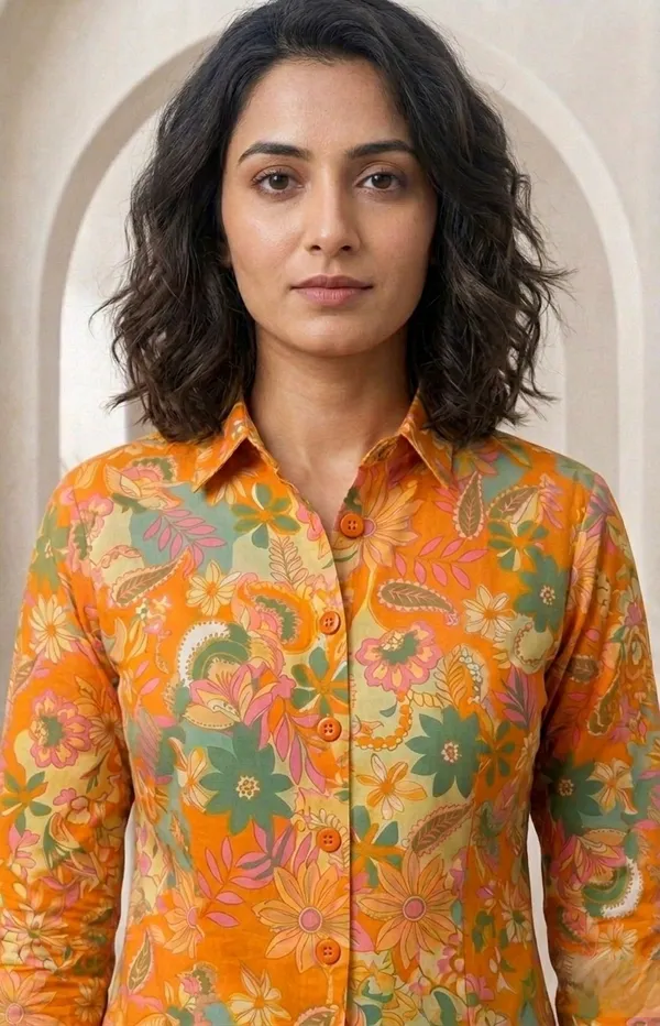 Orange_Vatican_Silk_Floral_Print_Longline_Shirt_Tunic_For_Women
