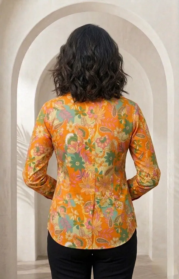 Orange_Vatican_Silk_Floral_Print_Longline_Shirt_Tunic_For_Women