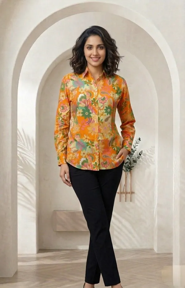 Orange_Vatican_Silk_Floral_Print_Longline_Shirt_Tunic_For_Women