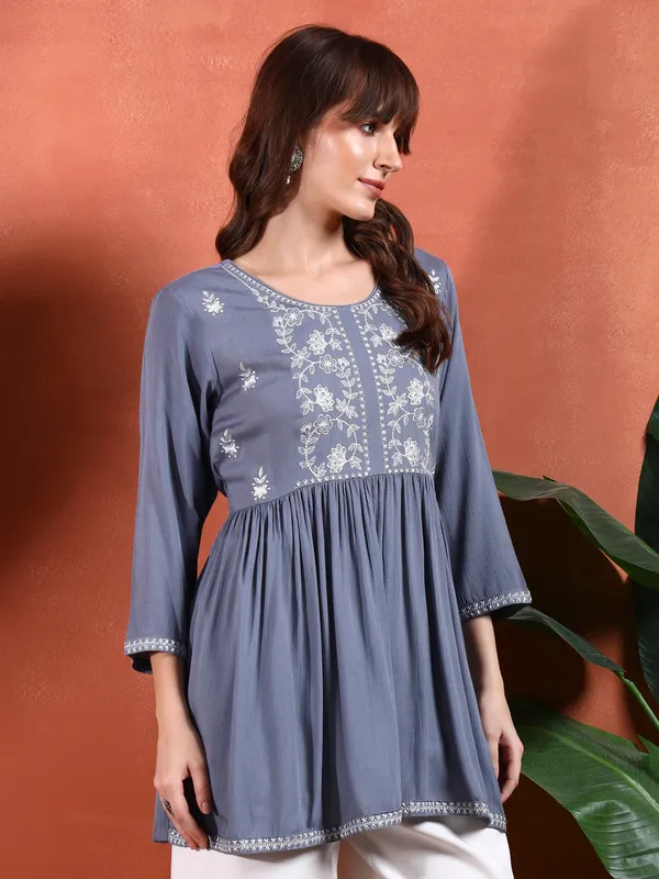 Grey_Chanderi_Silk_Embroidered_A_Line_Kurti_For_Women