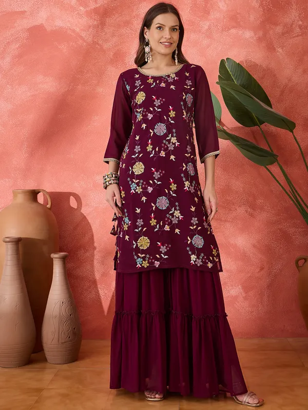 Maroon_Dola_Silk_Floral_Print_Layered_Kurta_Dress_For_Women