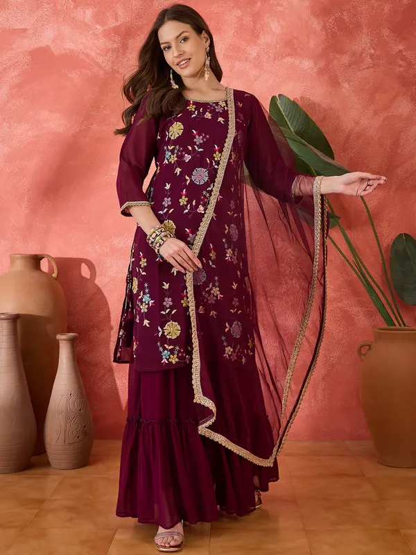 Maroon_Dola_Silk_Floral_Print_Layered_Kurta_Dress_For_Women