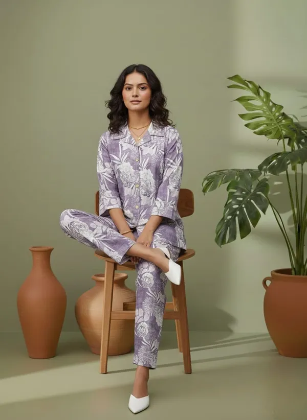 Purple_Silk_Blend_Floral_Print_Pajama_Set_For_Women