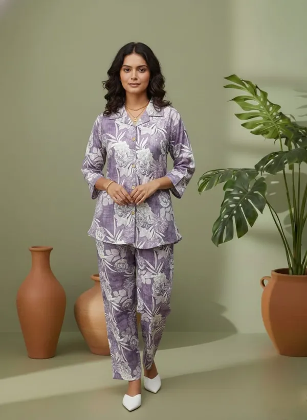 Purple_Silk_Blend_Floral_Print_Pajama_Set_For_Women