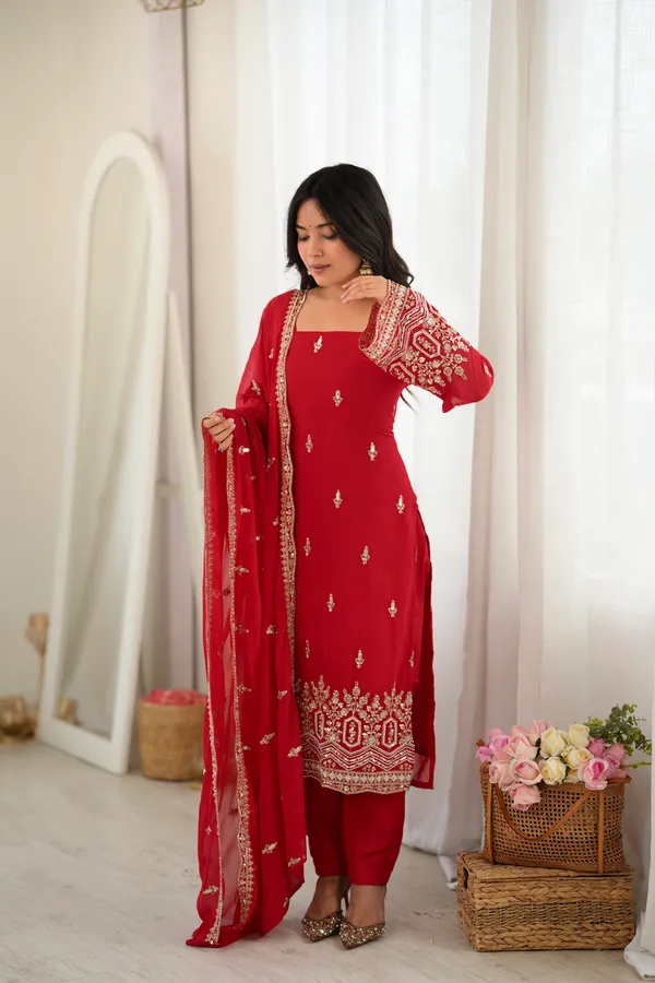 Red_Faux_Georgette_Straight_Fit_Suit_Set_For_Women