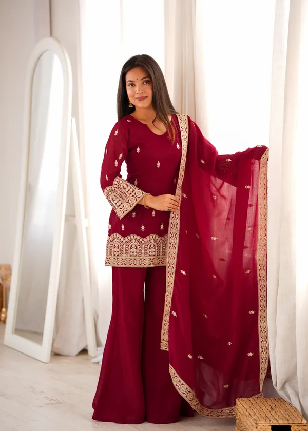 Maroon_Crunchy_Silk_Georgette_Kurta_Set_For_Women