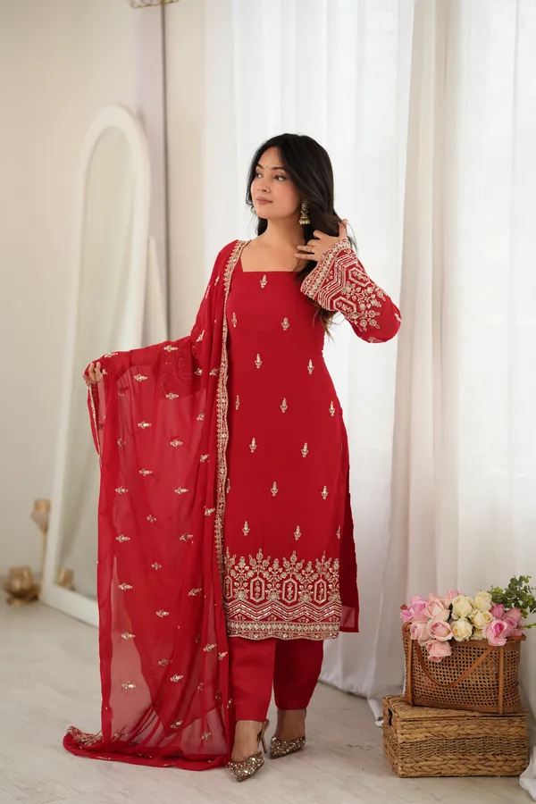 Red_Faux_Georgette_Straight_Fit_Suit_Set_For_Women