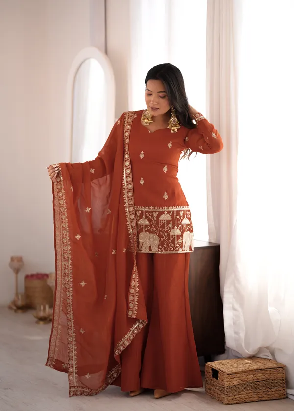 Rust_Crunchy_Silk_Three_Piece_Kurta_Set_For_Women