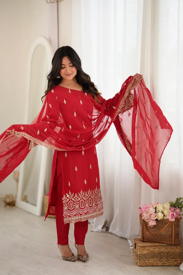 Red_Faux_Georgette_Straight_Fit_Suit_Set_For_Women
