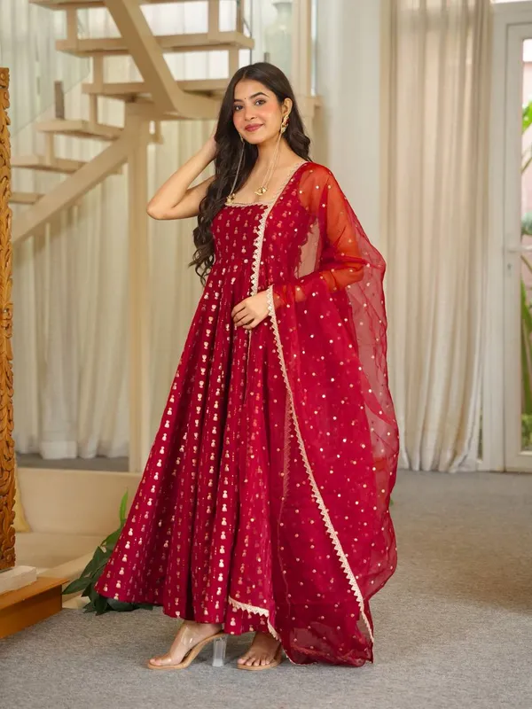 Red_Jacquard_Anarkali_Dress_For_Women