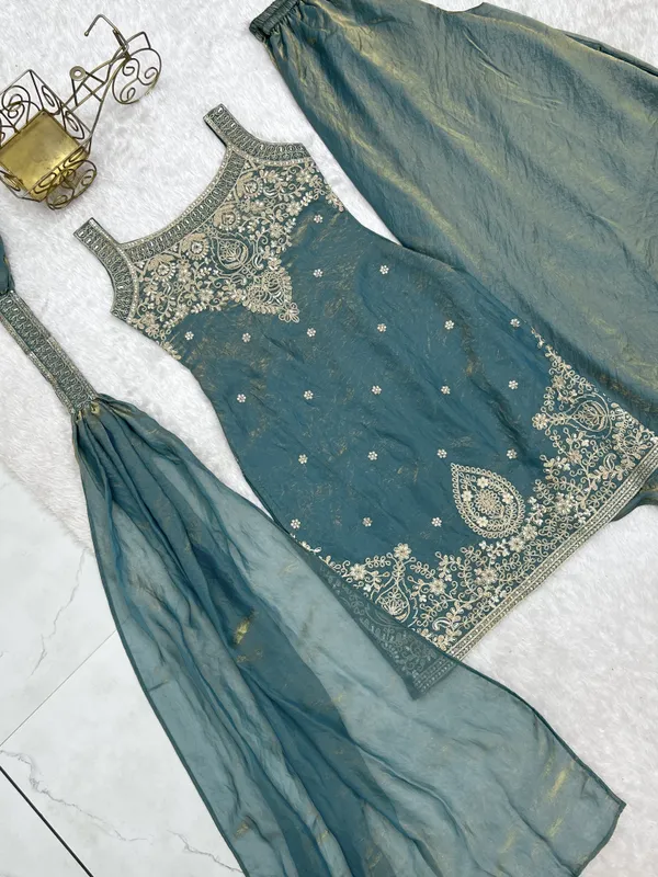 Teal_Embroidered_Kurta_Set_For_Women