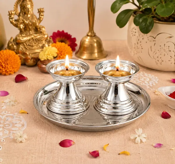 German_Silver_Diya_Set_With_Pooja_Thali