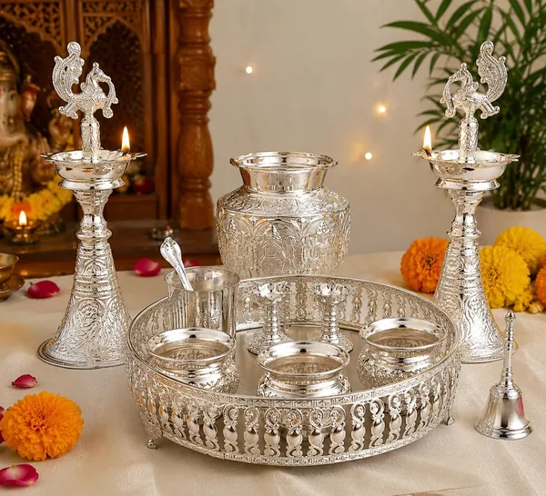 German_Silver_Pooja_Thali_Set_With_Tray