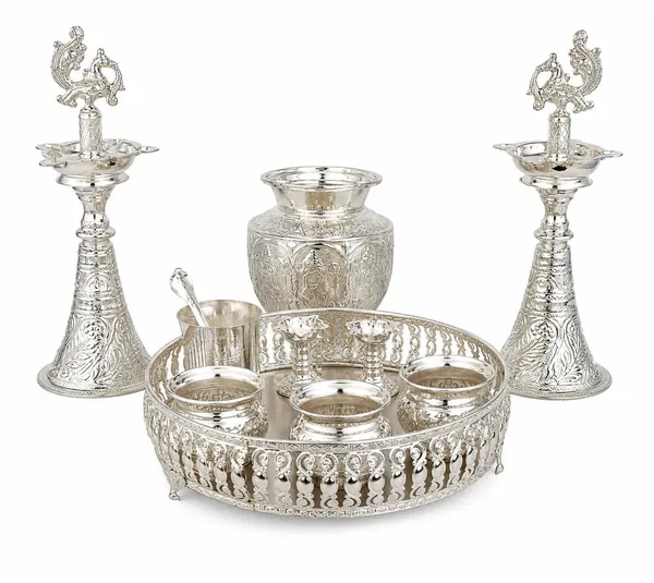 German_Silver_Pooja_Thali_Set_With_Tray