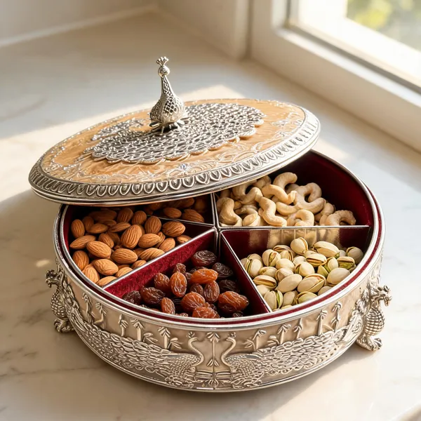 German_Silver_Dry_Fruit_Box_With_Partitions
