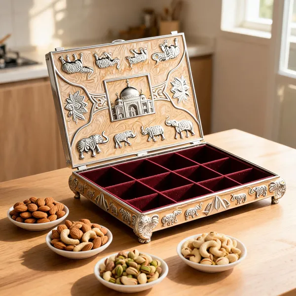 German_Silver_Dry_Fruit_Box_With_Partitions