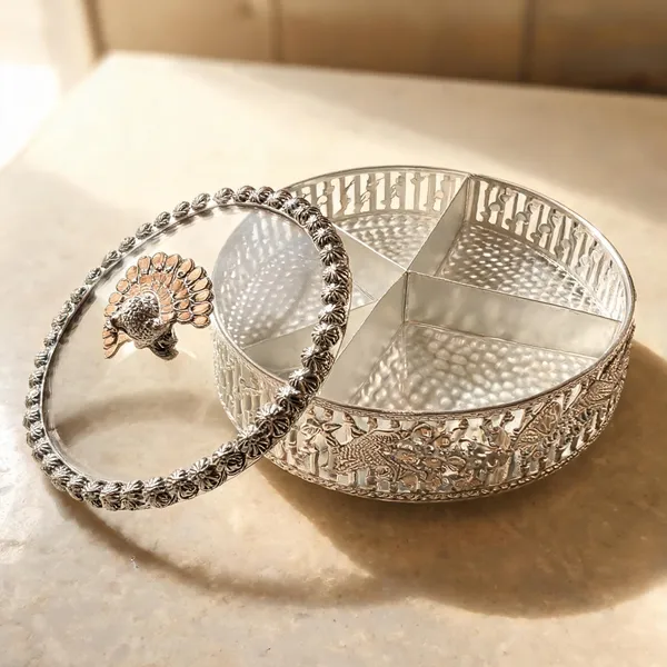 German_Silver_Dry_Fruit_Box_With_Partitions