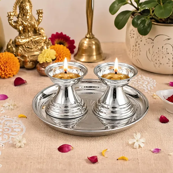 German_Silver_Diya_Set_With_Pooja_Thali