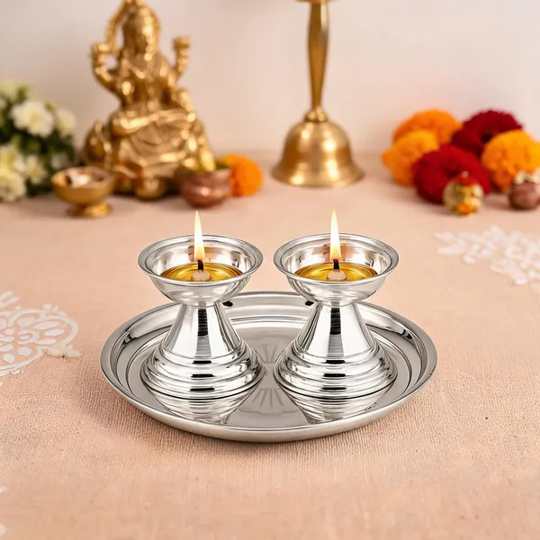 German_Silver_Diya_Set_With_Pooja_Thali
