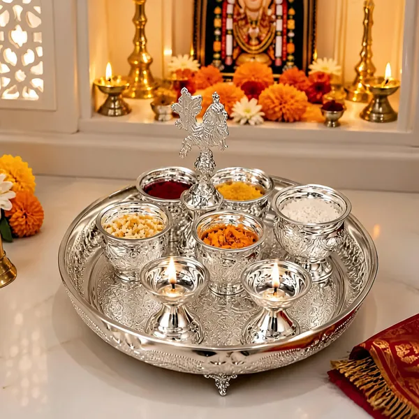 German_Silver_Pooja_Thali_Set_With_Bowls_And_Diyas