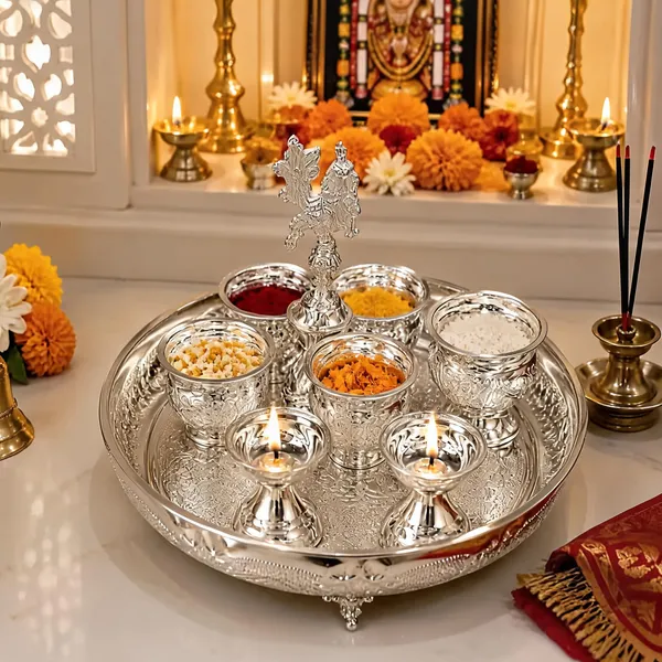 German_Silver_Pooja_Thali_Set_With_Bowls_And_Diyas