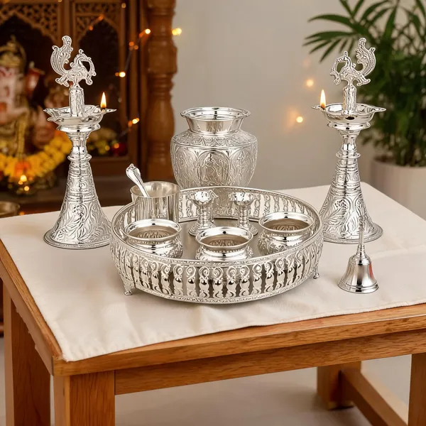 German_Silver_Pooja_Thali_Set_With_Tray