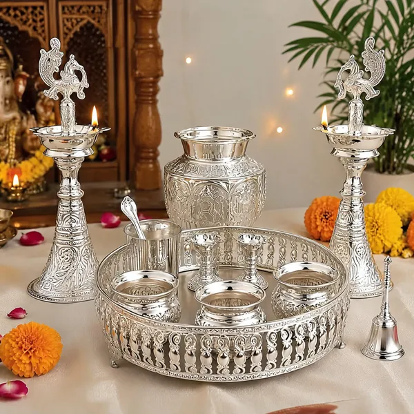 German_Silver_Pooja_Thali_Set_With_Tray