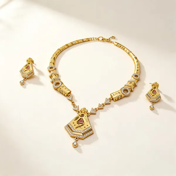 Gold_Brass_Geometric_Necklace_And_Earrings_Set_For_Women