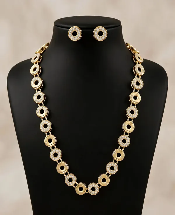 Gold_Brass_Circular_Link_Necklace_And_Earrings_Set_For_Women