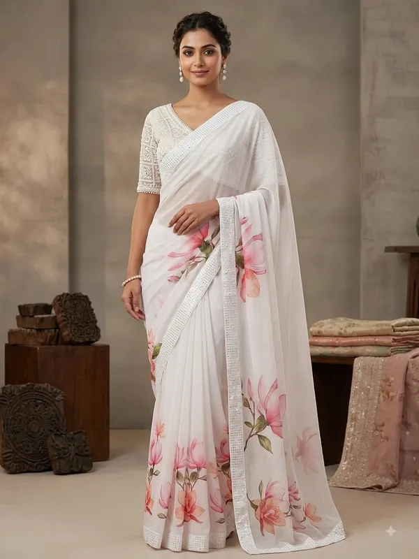White_Floral_Print_Saree_For_Women