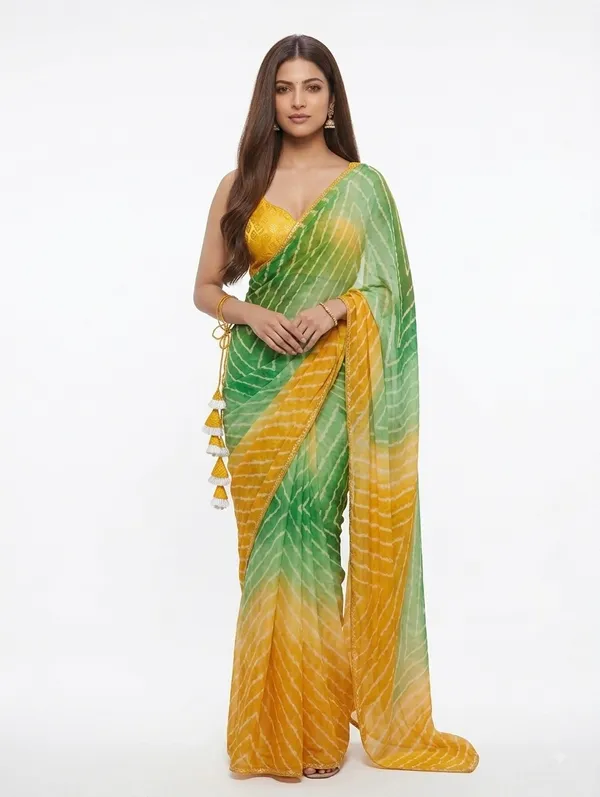 Green_And_Yellow_Printed_Saree_With_Blouse_For_Women