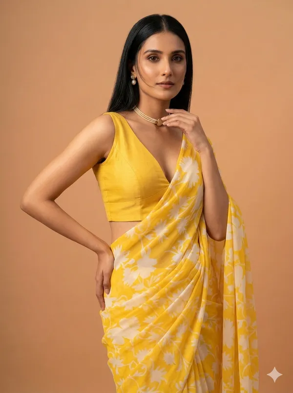 Yellow_Floral_Print_Saree_For_Women