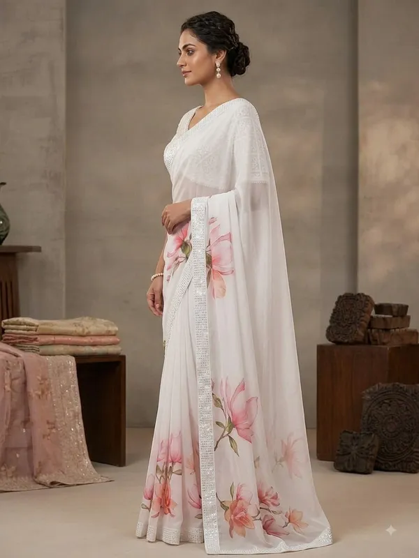 White_Floral_Print_Saree_For_Women