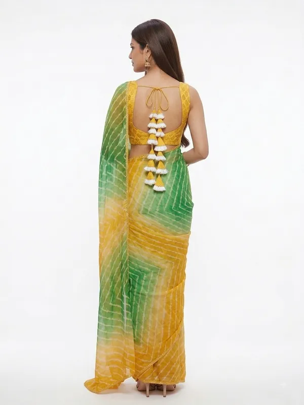Green_And_Yellow_Printed_Saree_With_Blouse_For_Women