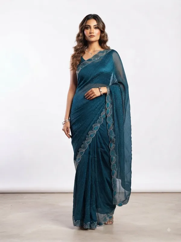 Teal_Embroidered_Saree_For_Women