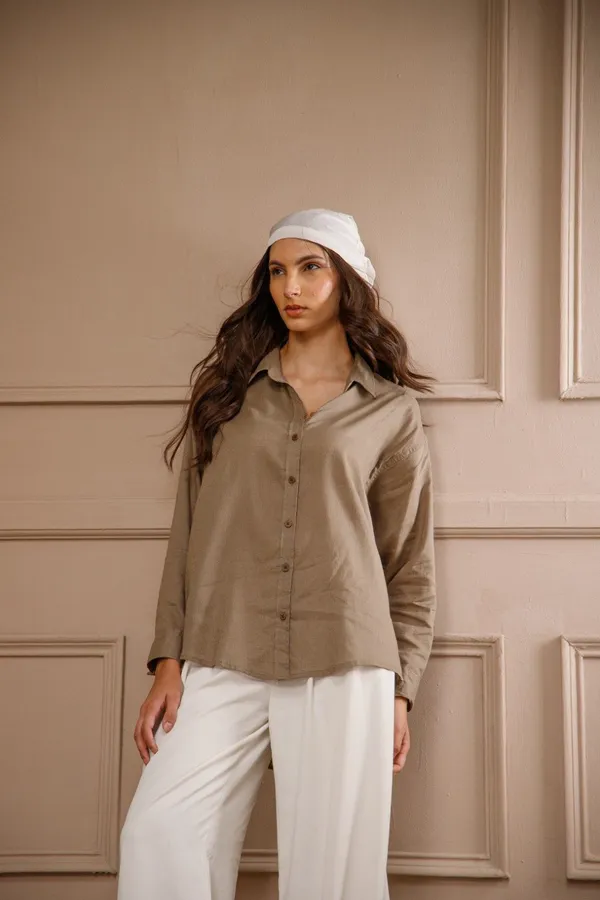 Khaki_Cotton_Linen_Blend_Shirt_For_Women