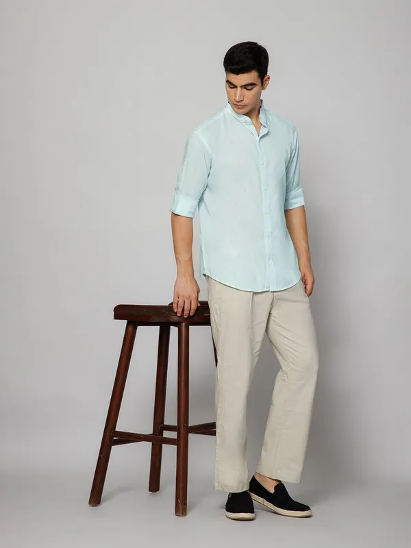 French_Linen_Blend_Relaxed_Fit_Sky_Blue_Men_S_Shirt