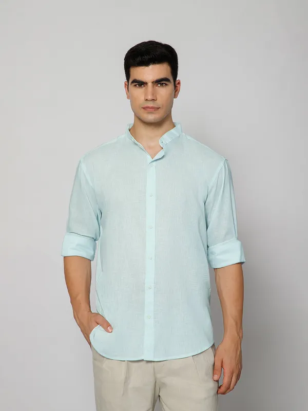 French_Linen_Blend_Relaxed_Fit_Sky_Blue_Men_S_Shirt
